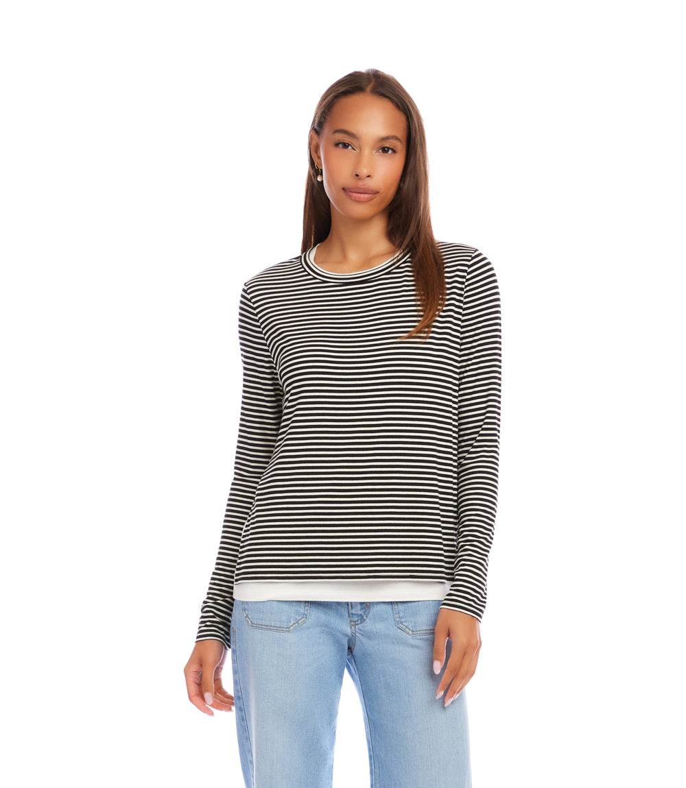 Petite Size Long Sleeve Stripe Double Layer Side-Slit Top