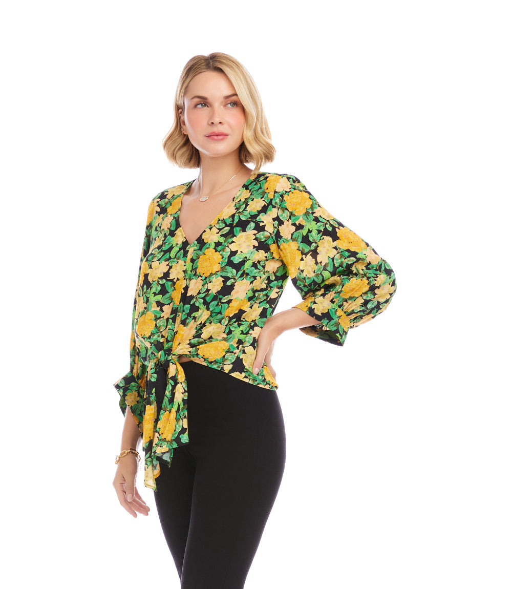 Petite Size Blouson Sleeve Tie-Front Top
