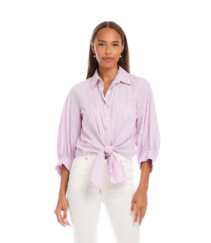 Stripe Blouson Sleeve Embellished Tie-Front Top
