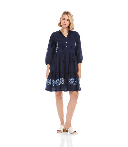 Blouson Sleeve Embroidered Lace Trim Tiered Dress