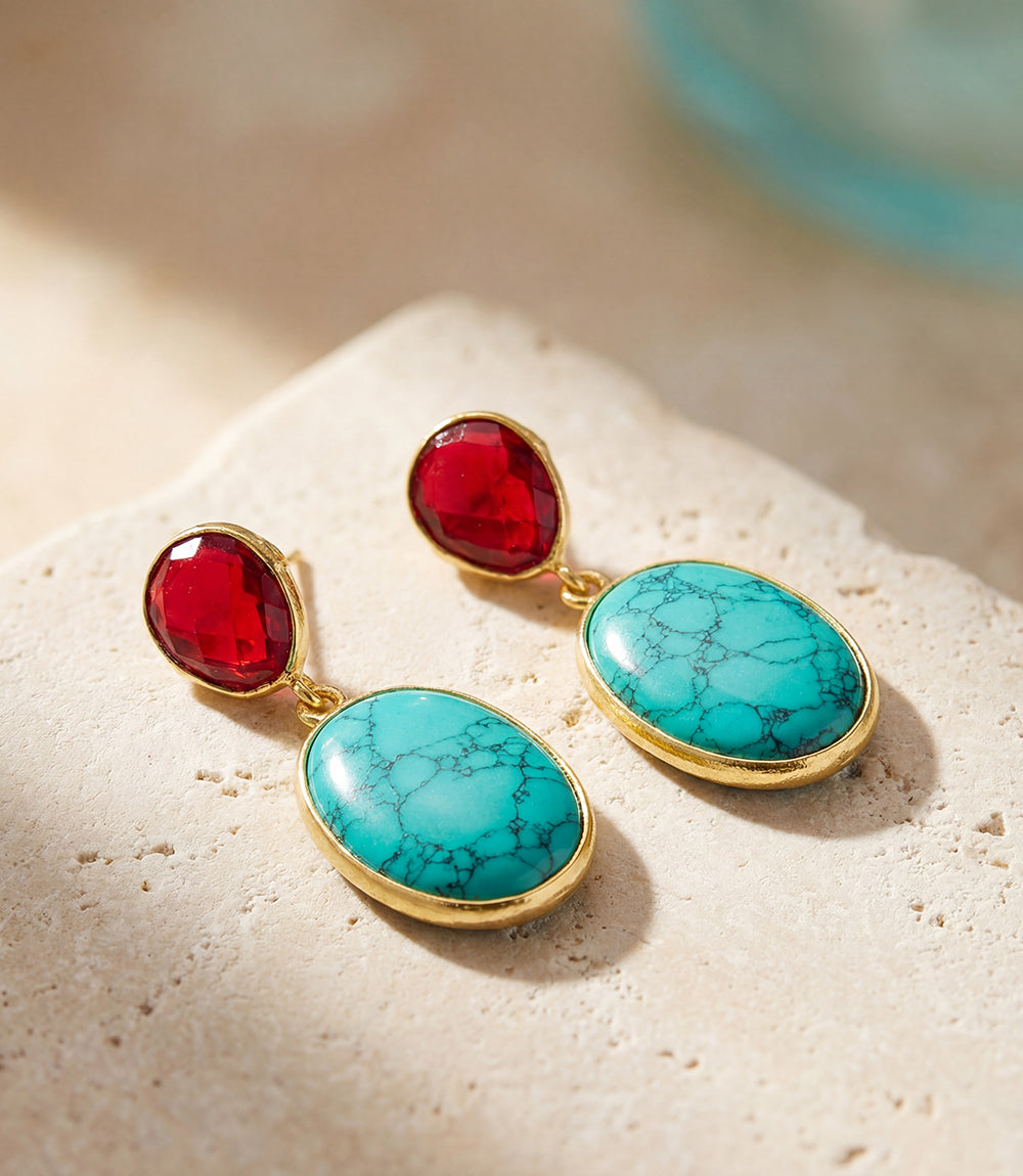 Turquoise And Ruby Crystal Earrings