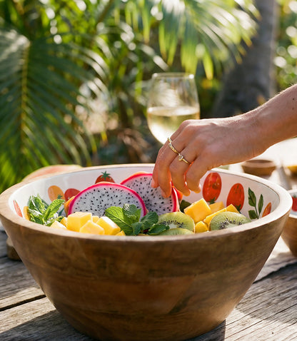 Wooden Enamel Tomato Print Serving Bowls, Set Of 2