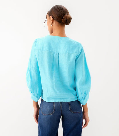 Blouson Sleeve Linen Tie-Front Top