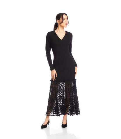 Long Sleeve Contrast Lace V-Neck Column Dress
