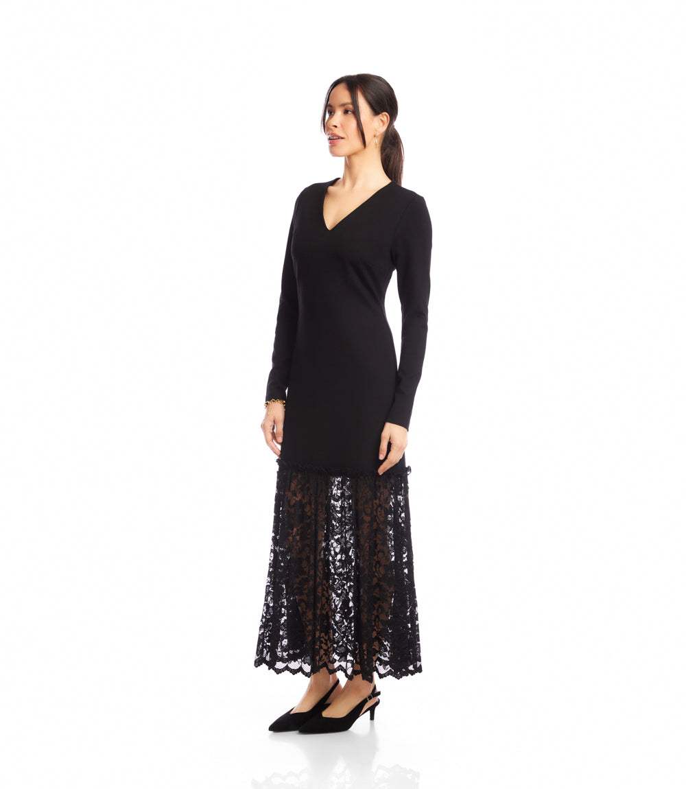 Long Sleeve Contrast Lace V-Neck Column Dress