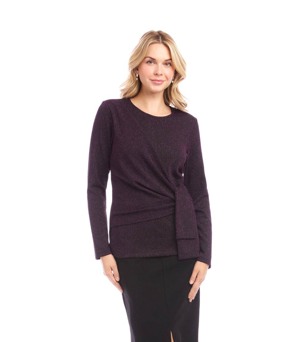 Long Sleeve Metallic Knit Side-Tie Top