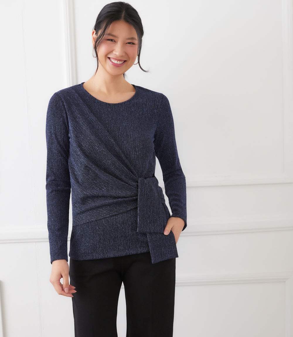 Long Sleeve Metallic Knit Side-Tie Top