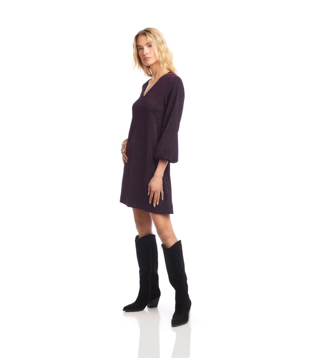 Blouson Sleeve Metallic Knit V-Neck Dress