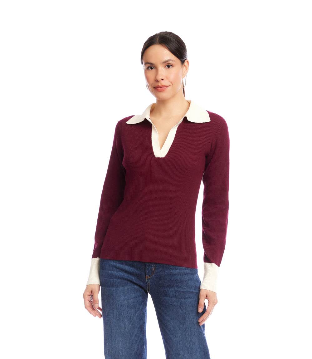 Contrast Ribbed Polo Sweater