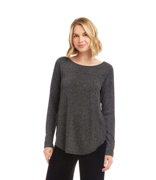 Petite Size Long Sleeve Metallic Stripe Shirttail Top