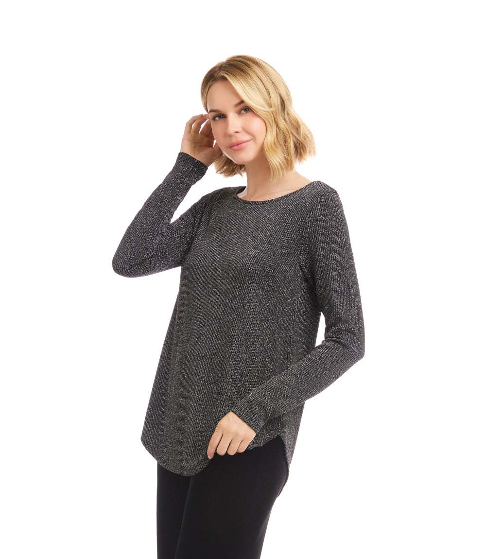 Petite Size Long Sleeve Metallic Stripe Shirttail Top