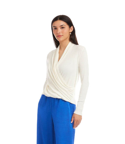 Long Sleeve Ribbed Drape Front Crossover Top
