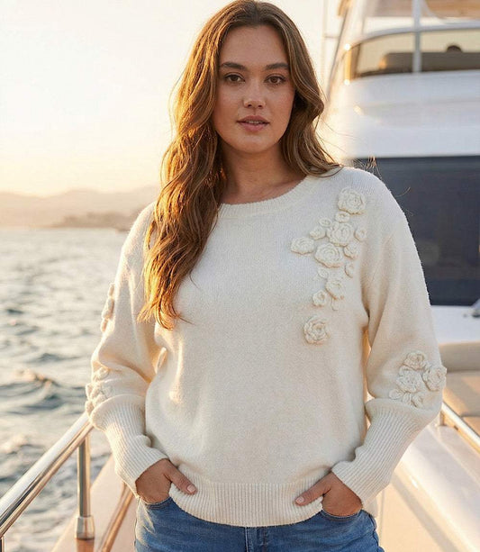 Plus Size Hand Embroidered Flower Detail Sweater