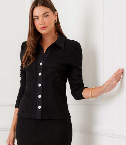 Ribbed Long Sleeve Button Front Top