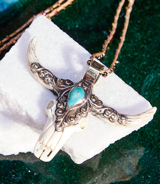 Sterling Silver Longhorn Carved Bone Necklace
